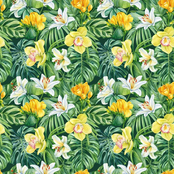 Tropik Desenler Palmiye Yaprakları Çiçeklerle Kusursuz Tropikal Desenler Botanik Boyası — Stok fotoğraf