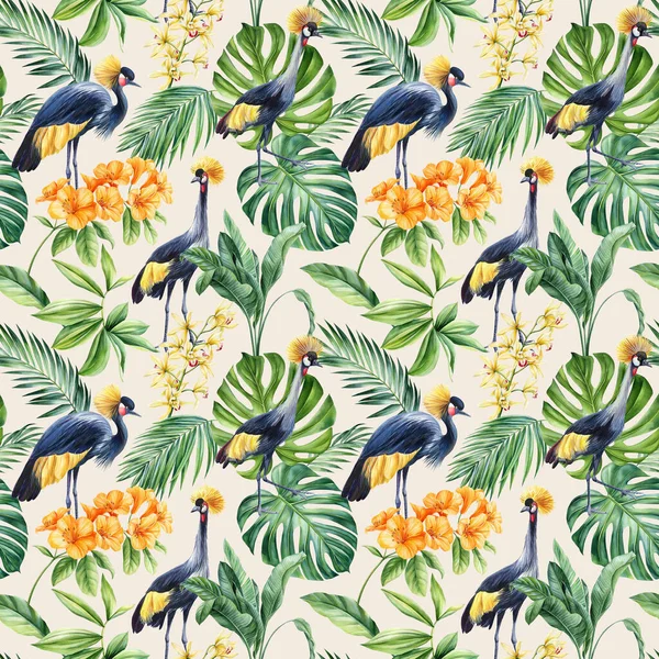 Vogel Palmblätter Und Blüte Tropischer Hintergrund Nahtloses Muster Flora Malt — Stockfoto