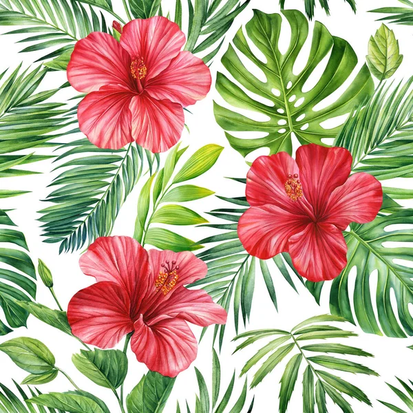 Florales Muster Dschungelpalmenblätter Und Hibiskusblüten Tropischer Hintergrund Nahtloses Muster Flora — Stockfoto