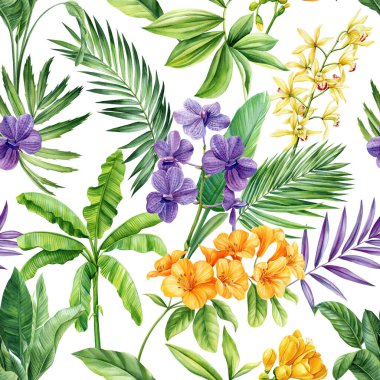 Orman palmiye yaprakları. Tropikal arka plan, pürüzsüz desen. Flora suluboya resim yapıyor. Yüksek kaliteli illüstrasyon