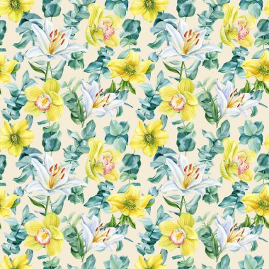 Tropik desenler, palmiye yaprakları ve çiçeklerle kusursuz tropikal desenler. Botanik boyası suluboya. Yüksek kaliteli illüstrasyon