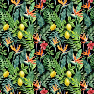 Limon meyveleri, palmiye yaprakları ve strelitzia çiçekleriyle kusursuz tropik desen. Suluboya resim çizimi. - Evet. Yüksek kaliteli illüstrasyon