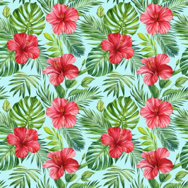 Orman palmiye yaprakları. Tropikal arka plan, pürüzsüz desen. Flora suluboya resim yapıyor. Yüksek kaliteli illüstrasyon