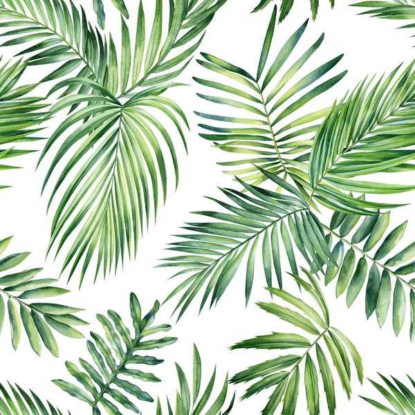 Folhas Palmeira Selva Fundo Tropical Padrão Sem Emenda Flora Pintura — Fotografia de Stock