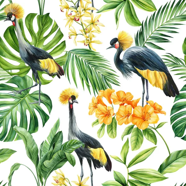 Vogel Palmblätter Und Blüte Tropischer Hintergrund Nahtloses Muster Flora Malt — Stockfoto