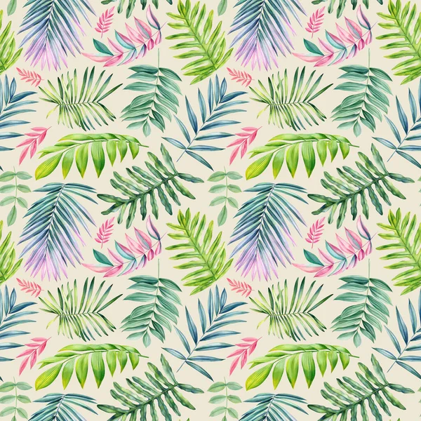 Płynny Wzór Tropikalny Kolorowymi Liśćmi Palmy Ilustracja Malarstwa Akwarelowego Tropikalne — Zdjęcie stockowe