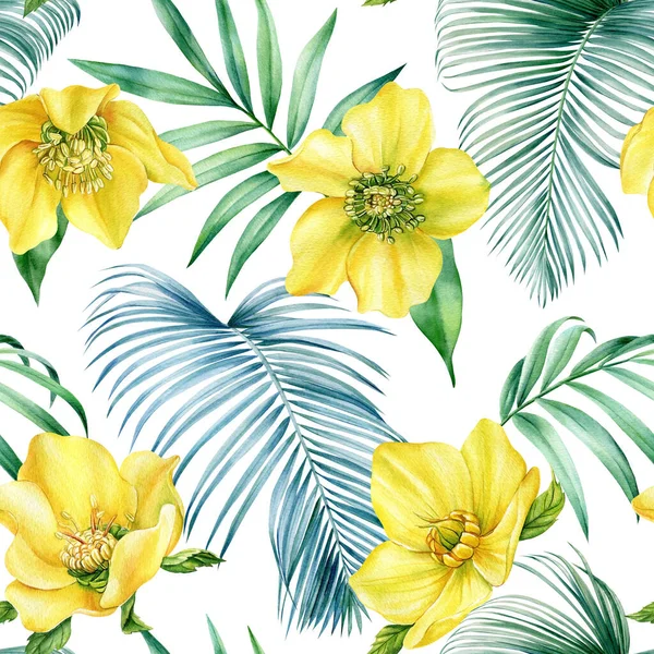 Tropische Muster Nahtlose Tropische Muster Mit Palmblättern Und Blüten Botanische — Stockfoto