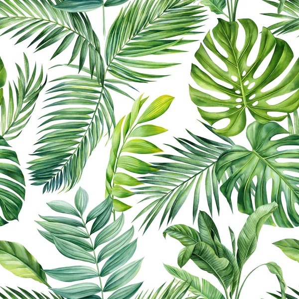 热带模式 丛林蓝色棕榈叶 热带夏季背景 无缝图案水彩画插图 高质量的例证 — 图库照片