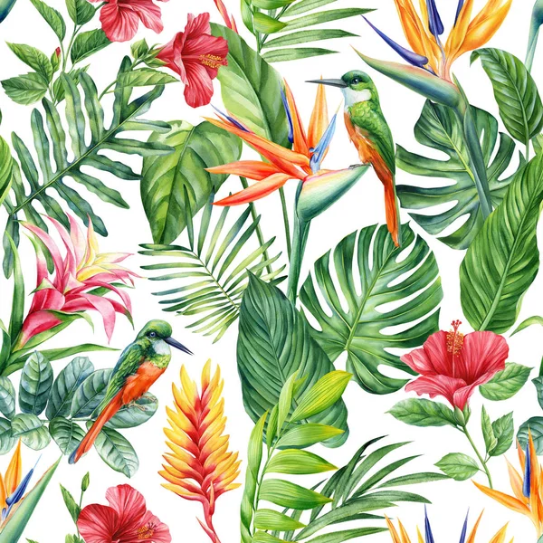 无缝带的热带图案 有棕榈叶和花朵 水彩画插图 高质量的例证 — 图库照片
