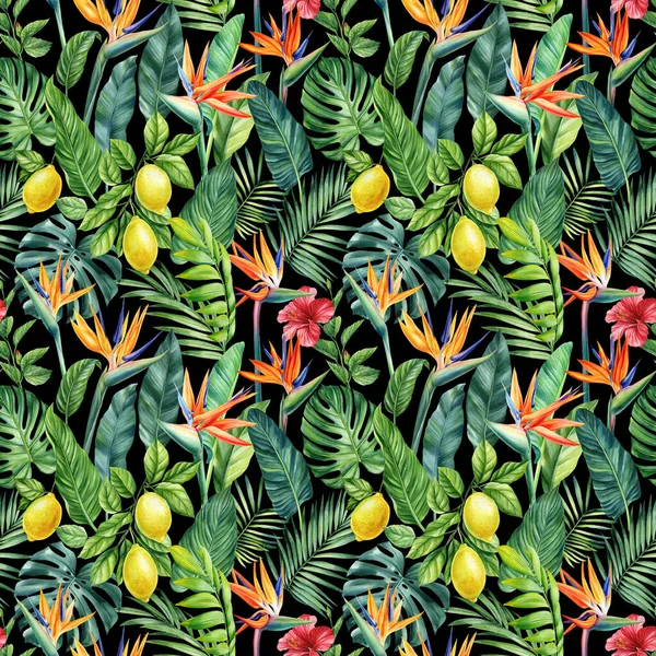 Limon Meyveleri Palmiye Yaprakları Strelitzia Çiçekleriyle Kusursuz Tropik Desen Suluboya — Stok fotoğraf