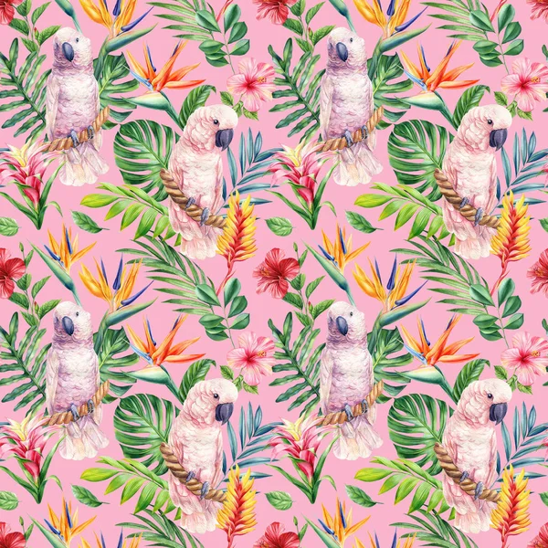 Płynny Tropikalny Wzór Liśćmi Palmy Kwiatami Ilustracja Malarstwa Akwarelowego Wysokiej — Zdjęcie stockowe