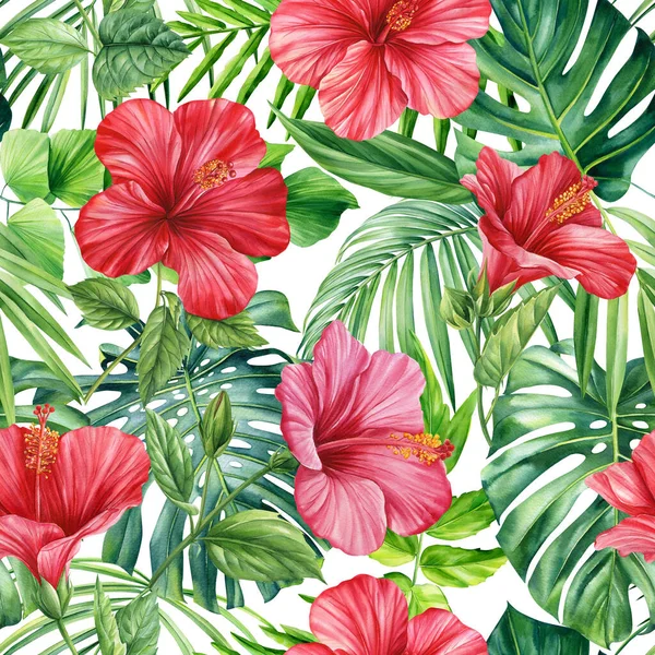 Tropic summer flower hibiscus, tropical colorful floral. Exotic jungle wallpaper. watercolor botanical seamless pattern. High quality illustration