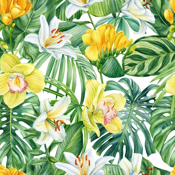 热带图案 无缝带的热带图案 有棕榈叶和花朵 植物绘画水彩画 高质量的例证 — 图库照片