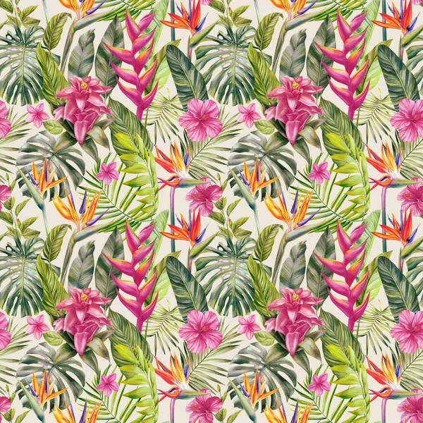 Zökkenőmentes Trópusi Minta Pálmalevélekkel Virágokkal Akvarell Festés Illusztráció Kiváló Minőségű — Stock Fotó