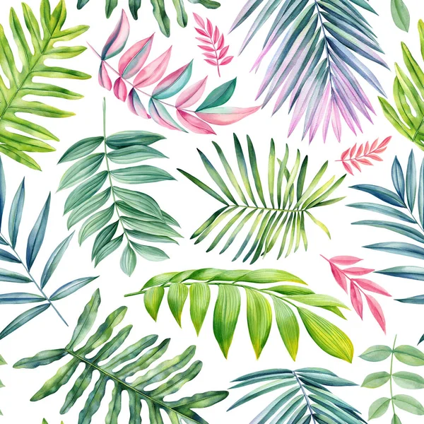 无缝带的热带图案 棕榈叶色斑斓 水彩画插图热带植物高质量的例证 — 图库照片