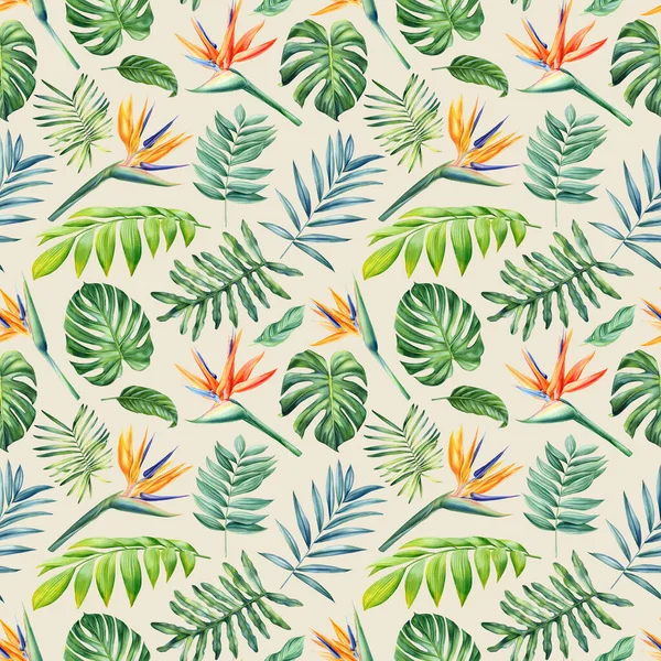 Seamless Tropical Pattern Palm Leaves Flowers Watercolor Painting Illustration High — Stock Photo, Image