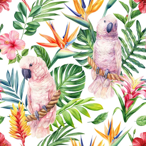 Nahtloses Tropisches Muster Mit Palmblättern Und Blüten Aquarell Malerei Illustration — Stockfoto