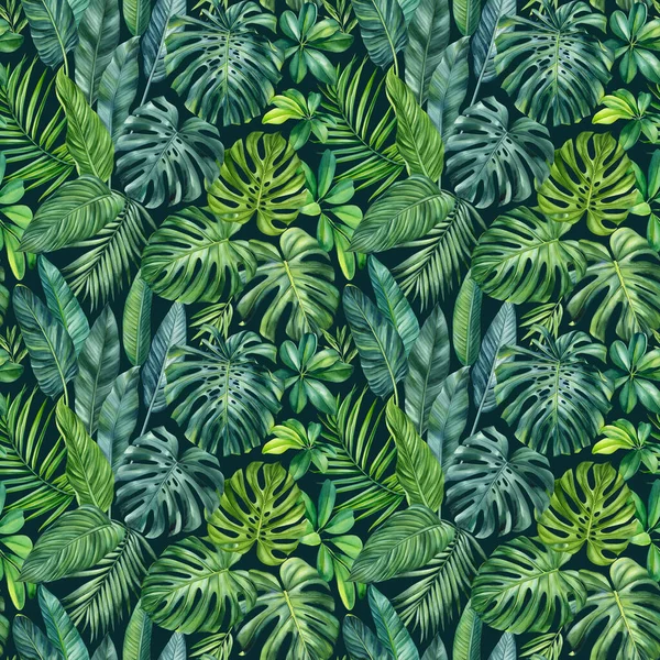 Palmiye Yaprakları Çiçeklerle Kusursuz Tropikal Desen Suluboya Resim Çizimi Yüksek — Stok fotoğraf