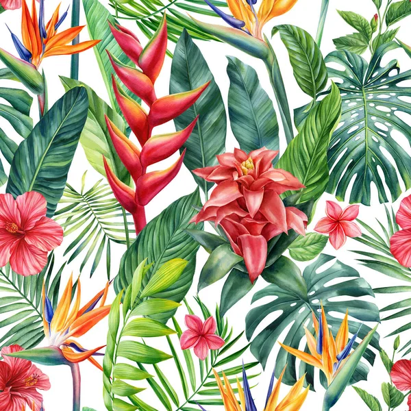 Palmiye Yaprakları Çiçeklerle Kusursuz Tropikal Desen Suluboya Resim Çizimi Yüksek — Stok fotoğraf