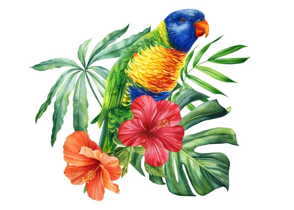 Gyönyörű Trópusi Madár Papagáj Virág Levél Elszigetelt Fehér Háttérrel Akvarell — Stock Fotó