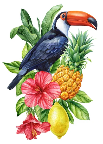 热带鸟类生长在枝条上 果实呈白色 水彩画手绘插图 触摸和柠檬 高质量的例证 — 图库照片