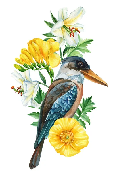 Trópusi Kék Madár Kookaburra Elszigetelt Fehér Háttérrel Akvarell Kézzel Rajzolt — Stock Fotó