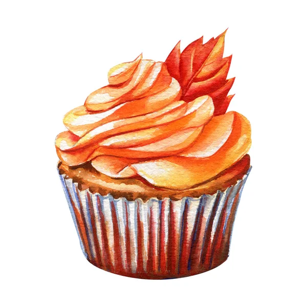 Pumpkin Cupcake Isolated White Background Drawn Watercolor High Quality Illustration — Stock Photo, Image