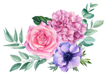 Beyaz arka planda izole edilmiş güzel çiçekler. Suluboya ile çizilmiş, bir buket narin çiçek. Yüksek kaliteli illüstrasyon