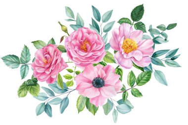 Beyaz arka planda izole edilmiş güzel çiçekler. Suluboya ile çizilmiş, bir buket narin çiçek. Yüksek kaliteli illüstrasyon