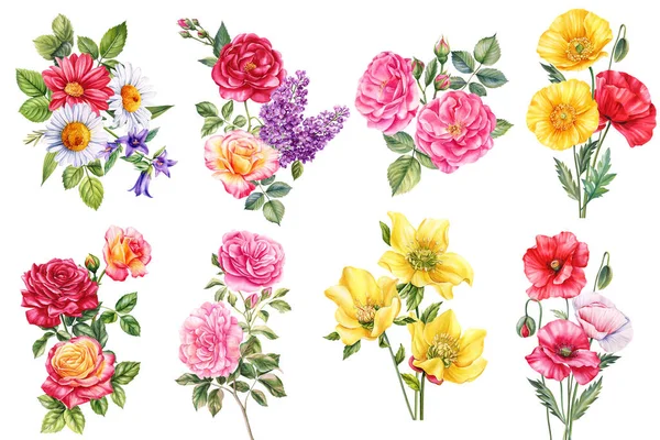 Квіти Ізольовані Білому Тлі Букет Квітів Акварельні Квіткові Ілюстрації Запрошення — стокове фото