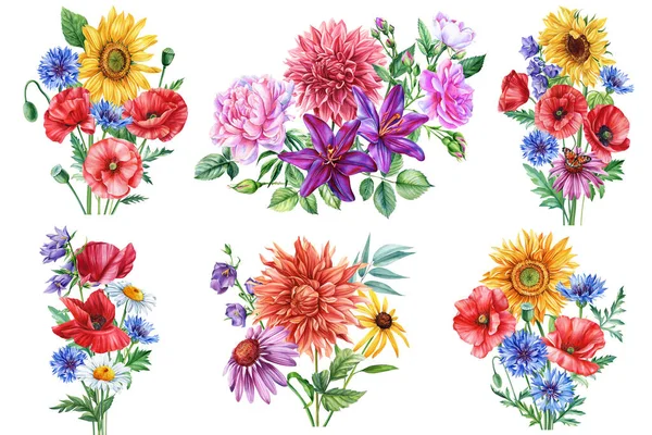 Beautiful wild flowers isolated on white background. bouquet of flowers watercolor summer floral illustrations for invitation, card, design. High quality illustration