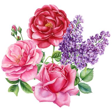 Çiçek ve yaprak. Beyaz arka planda izole bir çiçek seti, suluboya el çizimi, klasik tarz. Yüksek kaliteli illüstrasyon