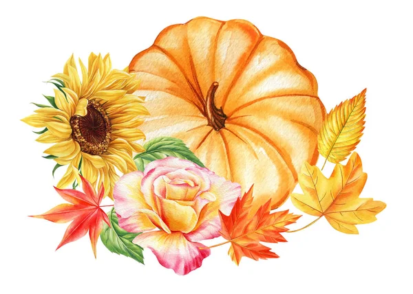 孤立した白い背景にカボチャや花を咲かせます 水彩イラスト カボチャを手描き 秋の芸術 高品質のイラスト — ストック写真