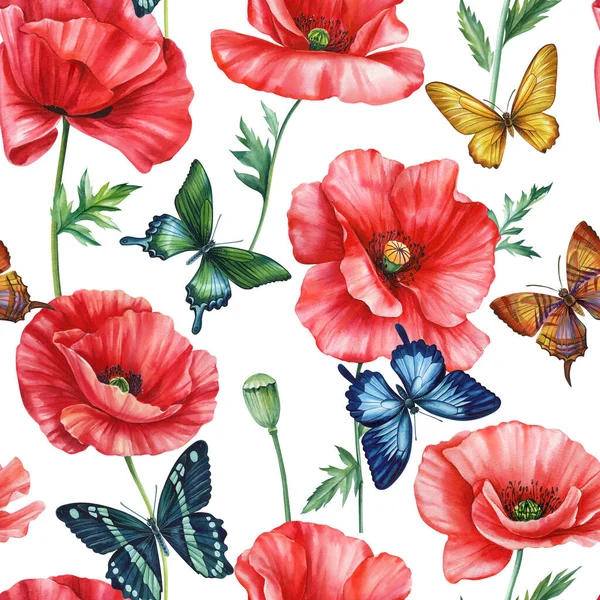 Haşhaş Yaz Geçmişi Kırmızı Çiçekli Suluboya Desenli Kusursuz Çiçek Deseni — Stok fotoğraf