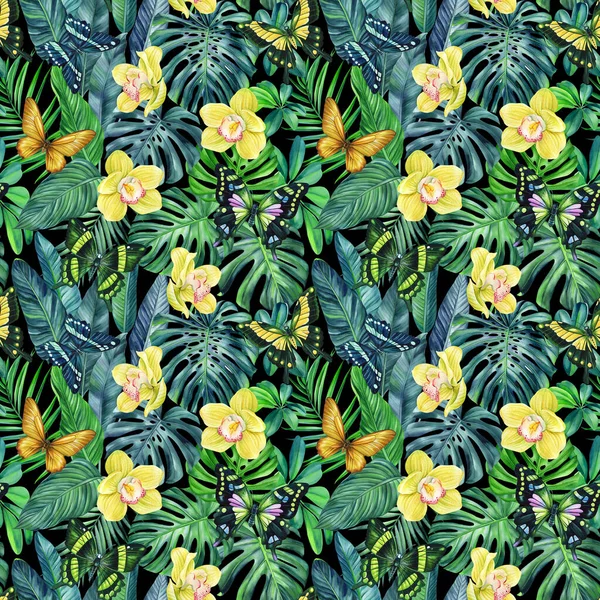 棕榈叶 蝴蝶和兰花 热带背景 手绘水彩画 无缝图案 丛林壁纸 高质量的例证 — 图库照片