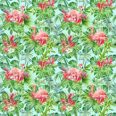 Palmiye yaprakları, çiçekler, flamingo kuşları olan tropik, pürüzsüz bir desen. Suluboya çizimi. Orman arkaplanı tasarla. Yüksek kaliteli illüstrasyon