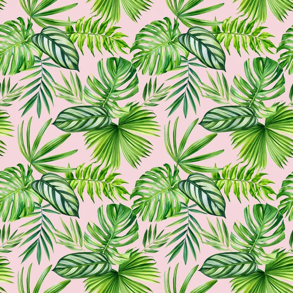 Padrão Sem Costura Tropical Com Folhas Palma Exóticas Ilustração Aquarela — Fotografia de Stock