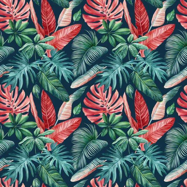 Tropikalny Bezszwowy Wzór Egzotycznymi Liśćmi Palmy Akwarelowa Ilustracja Tropikalnych Liści — Zdjęcie stockowe