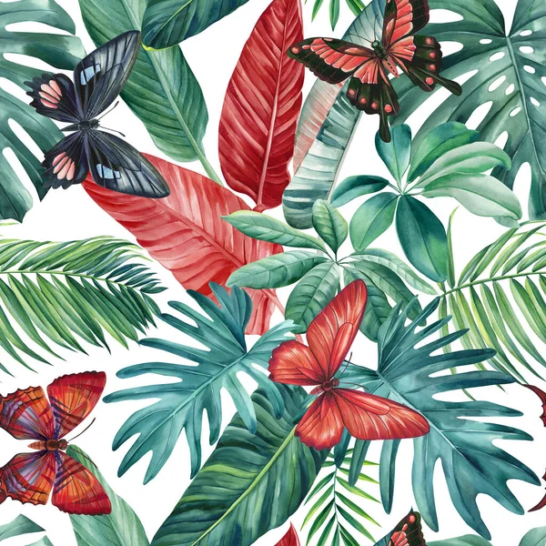 Patrón Tropical Sin Costuras Con Hojas Palma Exóticas Coloridas Mariposa — Foto de Stock