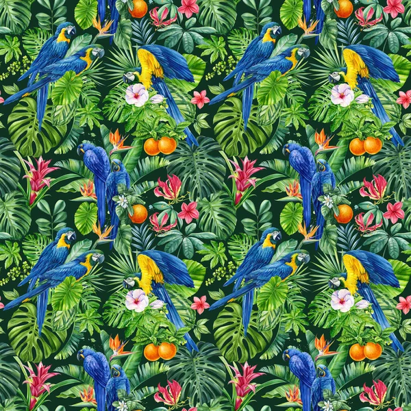 Patrón Tropical Sin Costuras Con Hojas Palma Exóticas Loros Azules — Foto de Stock