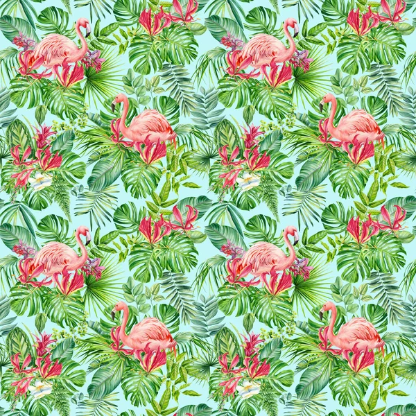 Padrão Sem Costura Tropical Com Folhas Palma Flores Pássaros Flamingo — Fotografia de Stock