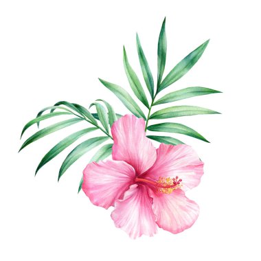 Tropik palmiye yaprakları ve pembe amber çiçeği. Suluboya tropikal yaprak, egzotik yeşil bitki örtüsü, orman tasarımı. Yüksek kalite 3d illüstrasyon