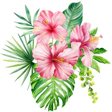 Egzotik palmiye yaprakları ve amber çiçekleri olan tropik bir yer. Suluboya tropikal yaprak, yeşil flora. Yüksek kaliteli illüstrasyon