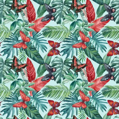 Egzotik palmiye yaprakları ve kelebek desenli tropik, pürüzsüz bir desen. Suluboya çizimi. Orman arkaplanı tasarla. Yüksek kaliteli illüstrasyon