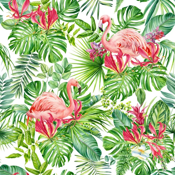 Palmiye Yaprakları Çiçekler Flamingo Kuşları Olan Tropik Pürüzsüz Bir Desen — Stok fotoğraf