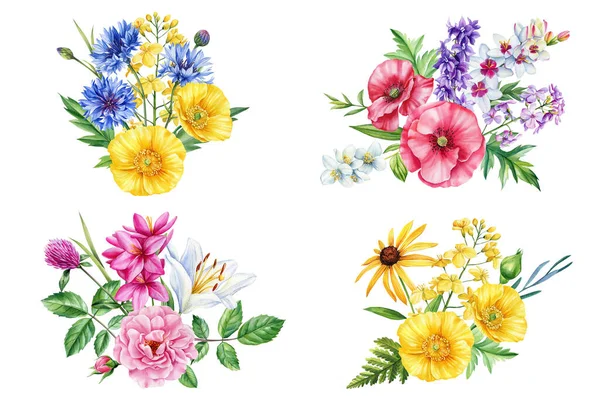 다채로운 야생화와 Poppy 옥수수 디자인을 수채화 품질의 일러스트 — 스톡 사진