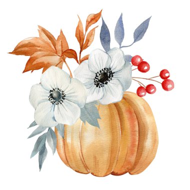 Sonbahar yaprakları, çiçekler ve balkabakları, beyaz arka planda, çiçek kartpostalları. Cadılar Bayramı için suluboya resim, Şükran Günü, hasat festivalleri. Yüksek kaliteli illüstrasyon