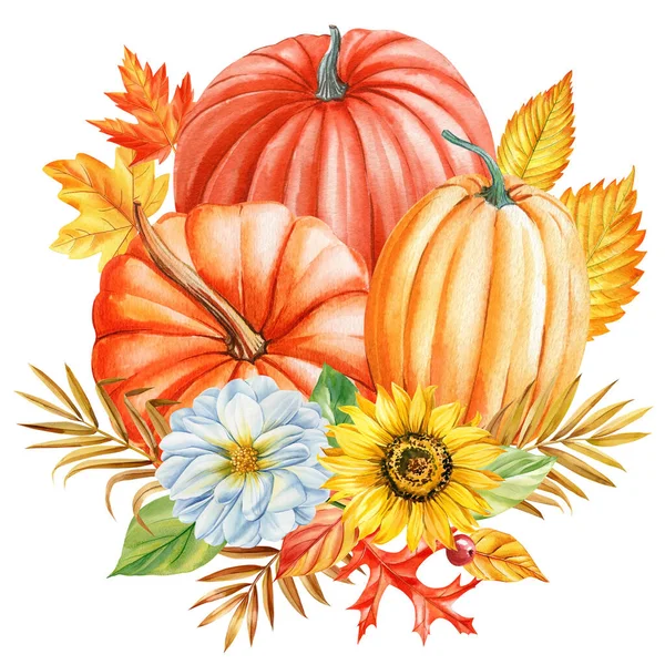 Watercolor Sunflower Pumpkin Colorful Leaves Autumn Clipart Watercolor Floral Illustration — Stock Photo, Image