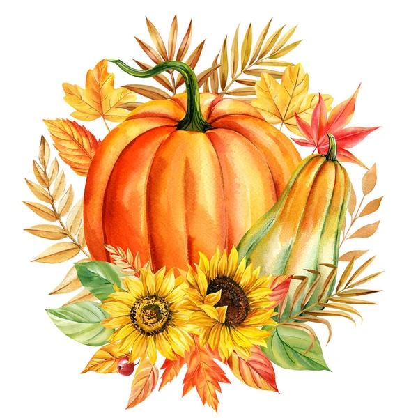 Autumn leaves, flowers and pumpkins, on a white background, floral postcard. Watercolor illustration for Halloween, Thanksgiving, harvest festivals. High quality illustration
