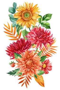 Çiçek buketi kart ve dekorasyon için beyaz arka planda izole edilmiş. Yıldız çiçeği, zambak, ayçiçeği ve sonbahar sarısı, portakal yaprakları. Yüksek kaliteli illüstrasyon